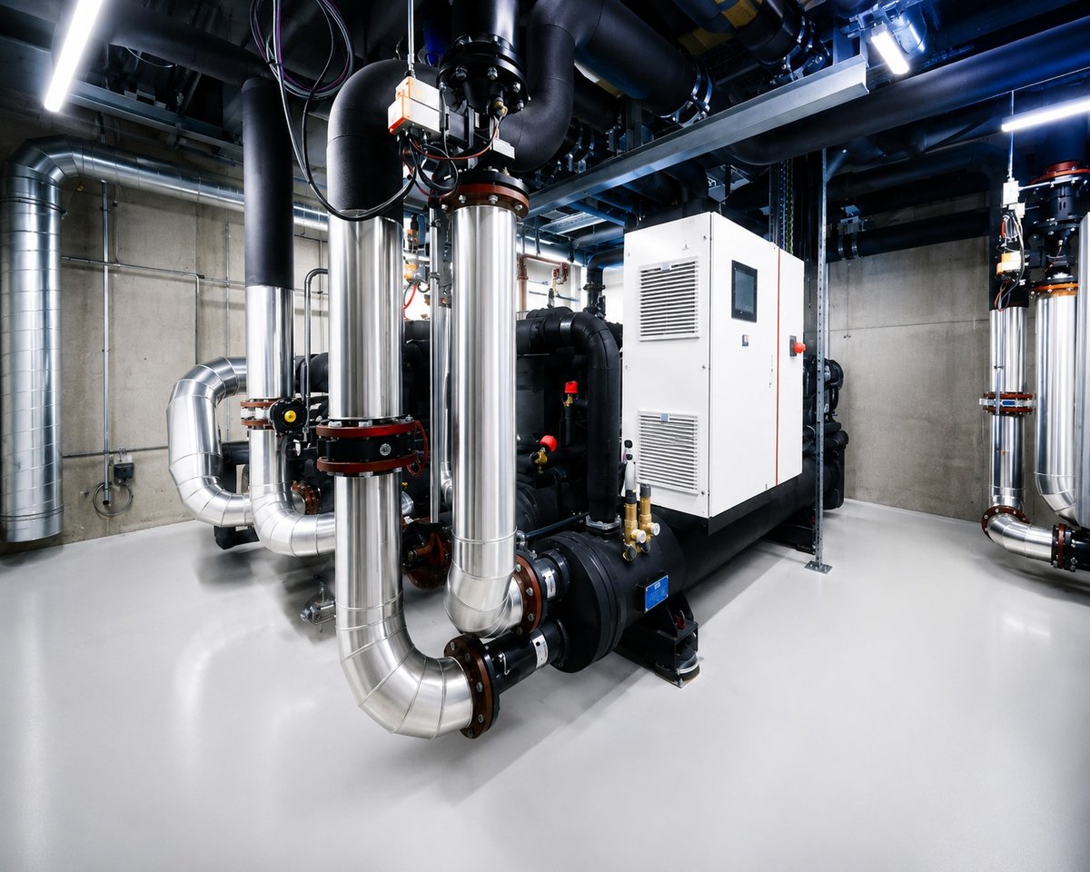 District and industrial scale water-to-water heat pump plant room