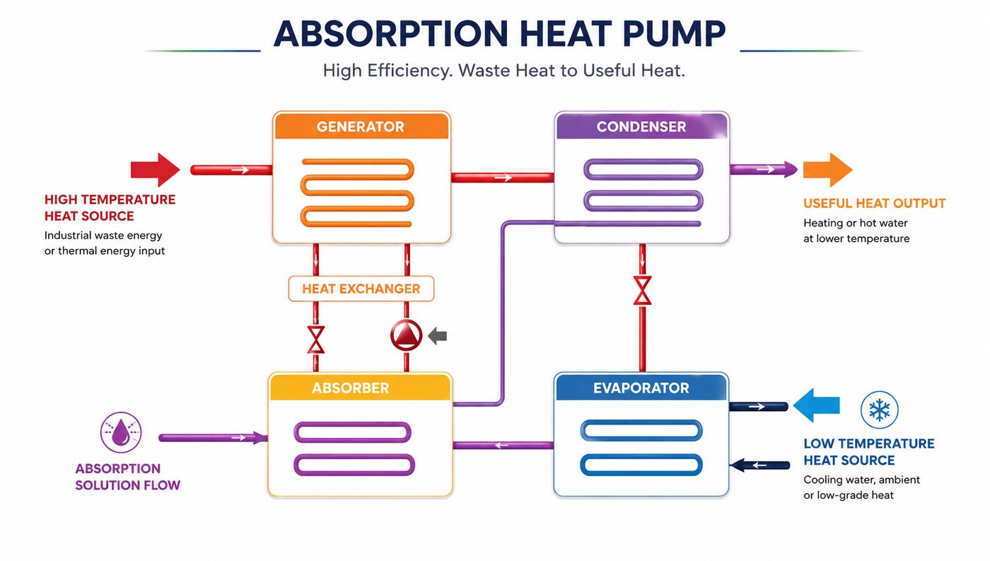 Absorption heat pump diagram: generator, condenser, absorber and evaporator using high and low temperature heat sources