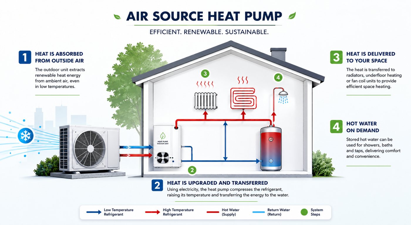 Air source heat pump diagram: heat absorbed from outside air, upgraded and transferred, delivered to radiators, underfloor heating and hot water