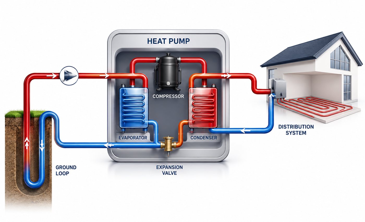 Ground source heat pump diagram: ground loop connected to a heat pump unit with compressor, evaporator and condenser, distributing heat to a building
