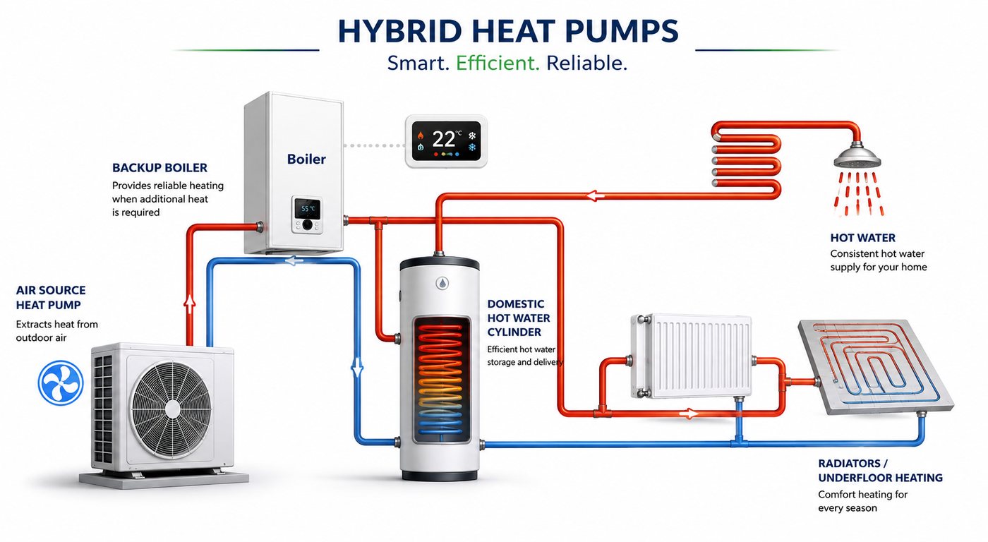 Hybrid heat pump diagram: air source heat pump and backup boiler feeding a domestic hot water cylinder, radiators and underfloor heating