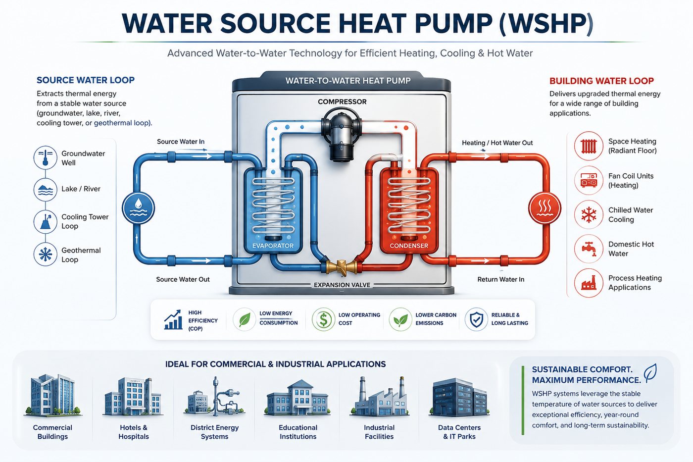 Water source heat pump diagram: source water loop extracts thermal energy, building water loop delivers heating, cooling and hot water